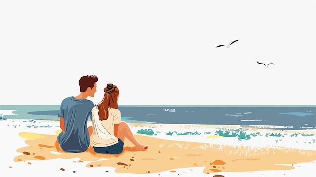 Vector romantic young couple sitting on the beach looking at sunset