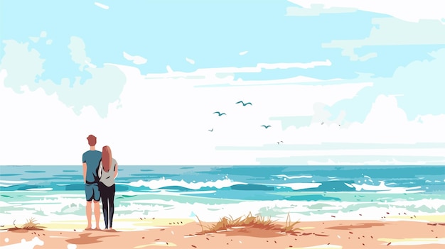 Romantic Young Couple Standing Together on Beach