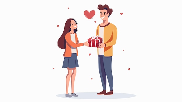 Vector romantic young man giving gift to girlfriend in honour