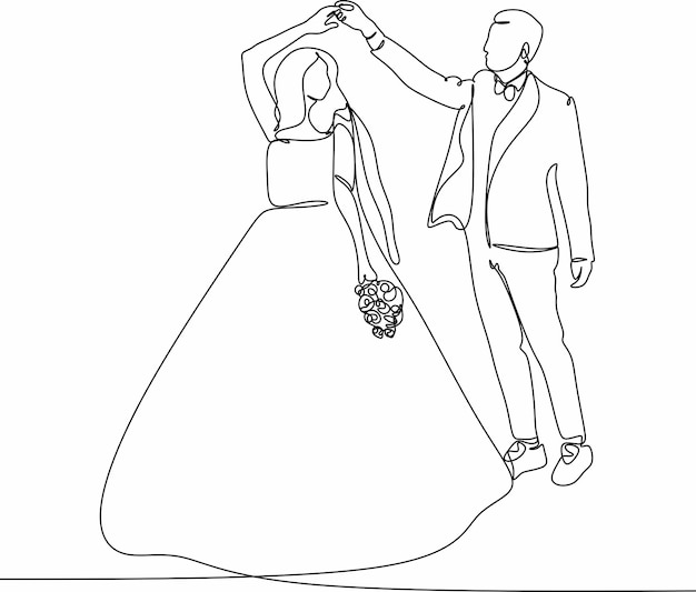 Vector romantic young wedding couple holding hands and spinning around continuous line draw design