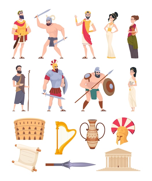 Rome elements. Cultural ancient traditional objects and architectural constructions historic characters coliseum warriors and rome vector. Illustration ancient character, antique civilization