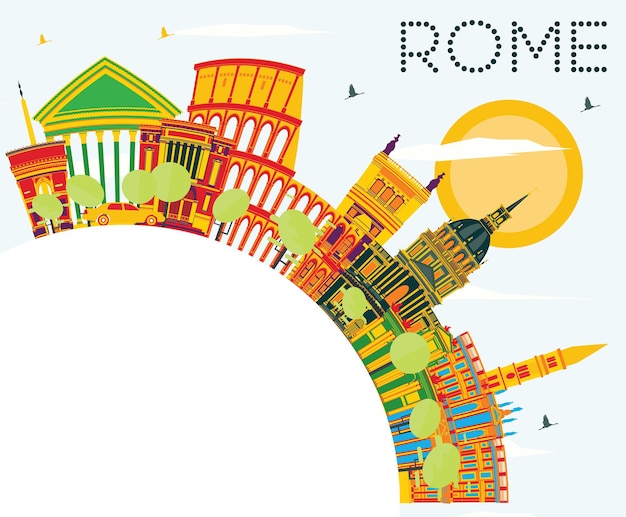 Rome Skyline with Color Buildings, Blue Sky and Copy Space. Vector Illustration. Business Travel and Tourism Concept with Historic Architecture. Image for Presentation Banner Placard