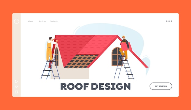 Roof Design Landing Page Template Worker Characters with Climbing Equipment Conduct Roofing Works Repair Home