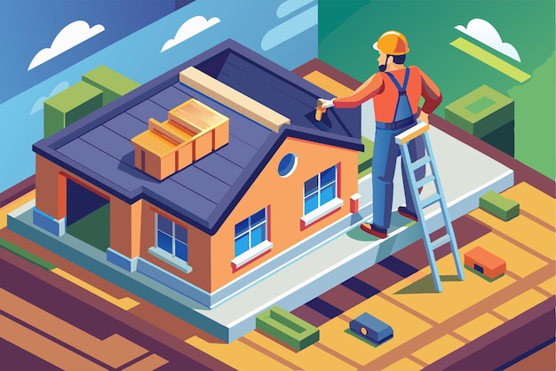 Vector a roofer adds final touches to a rooftop on a clear day surrounded by colorful blocks and tools roofer customizable isometric illustration