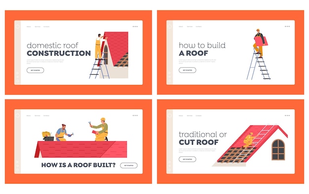 Roofer Men Repair Home Landing Page Template Set Roof Construction Workers Characters Conduct Roofing Works