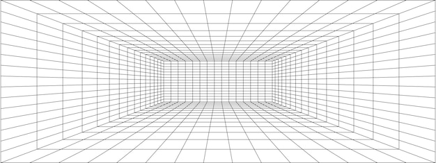 Vector room hallway studio or portal wireframe in perspective box grid structure mesh in 3d dimension