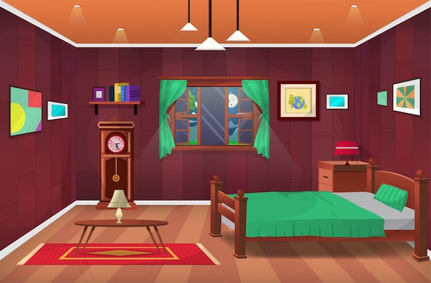 Room interior, bedroom, cartoon living room, kids bedroom with furniture. Teenage room with bed.