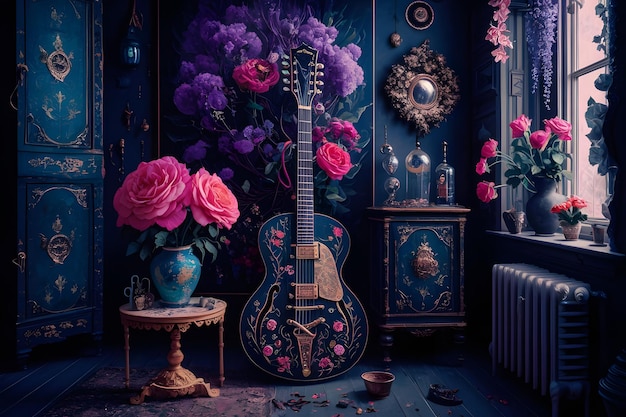 Room interior design with guitar and floral flower