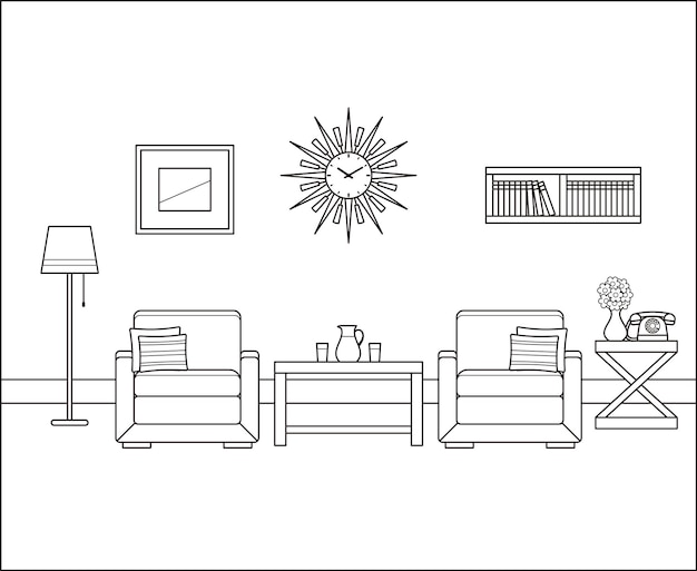 Room interior in line art Retro living room Linear vintage illustration Thin line home space