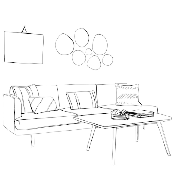 Room interior sketch. Home furniture. Sofa and pillow, pictures. Hand drawn. Home