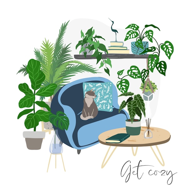 room interior with plants and blue chair