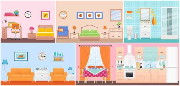 Room interiors.  Living room, bedroom, bathroom, nursery, dining, kitchen in flat design. Home inside. Cartoon domestic apartment. Set illustration