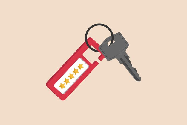 Room key and hanger key five stars in Hotel House or hotel room concept Colored flat graphic vector illustration isolated