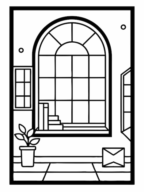 Room window colouring book pages for children and adults with vector design