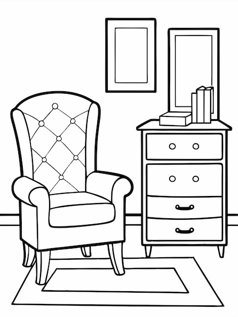 Vector room with an armchair and a chest of drawers colouring book pages for children and adults