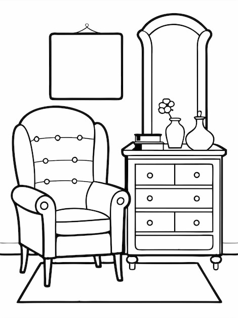 Room with an armchair and a chest of drawers colouring book pages for children and adults