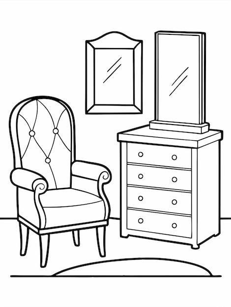 Vector room with an armchair and a chest of drawers colouring book pages for children and adults