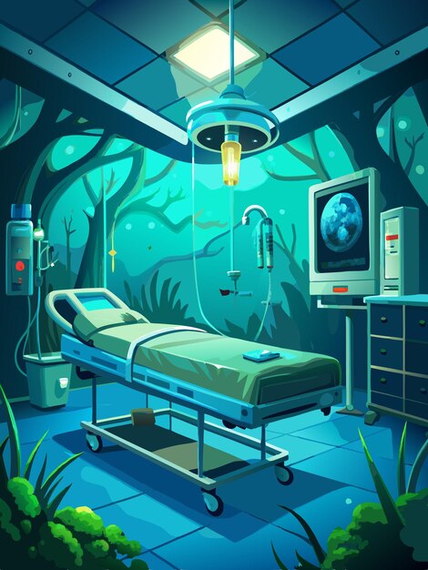 Vector a room with a bed and a monitor with a picture of a forest scene on the wall