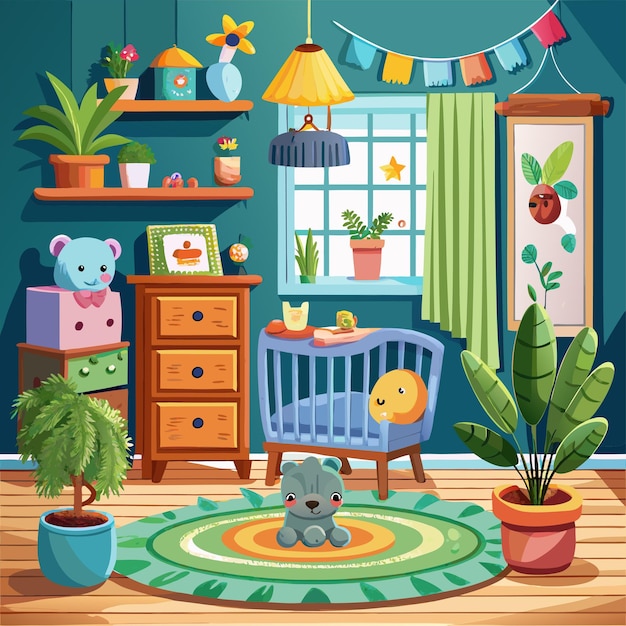 a room with a blue wall and a window with a bear on the rug