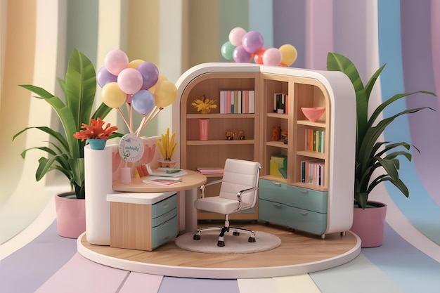 a room with a bookcase with a bookcase and a bookcase with balloons on the top