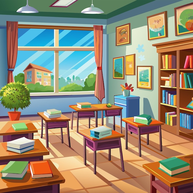 Vector a room with books and a picture of a house on the wall