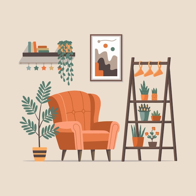 Vector a room with a chair and plants and a potted plant