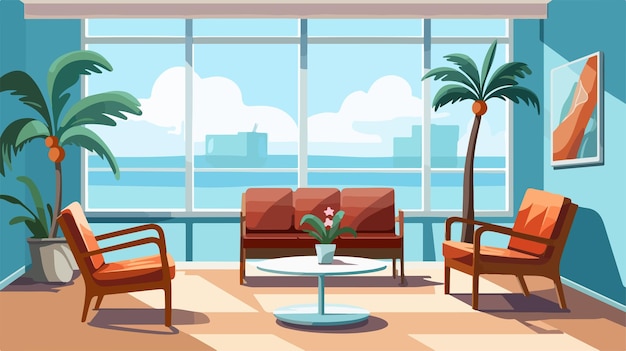 Vector a room with a couch chairs a table and a palm tree