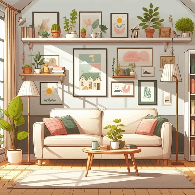 a room with a couch and a picture of a house with a plant on the shelf