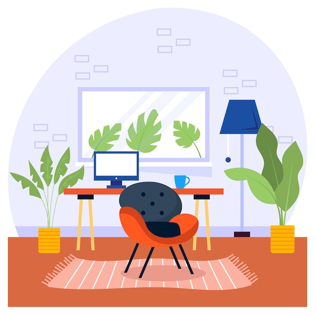 room with a desk without a person concept Scandinavian style indoor plants vector Green Office Eco