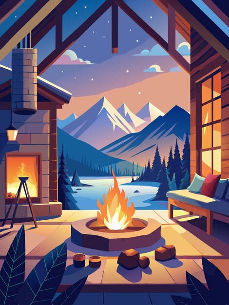 Vector a room with a fireplace and mountains in the background