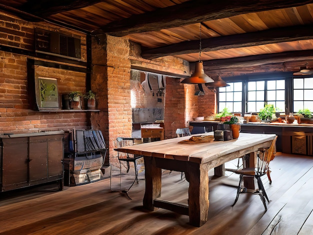 a room with a fireplace and a table with chairs and a fire place