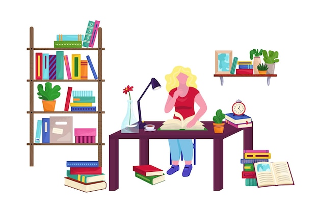 Room with girl reading book in room vector illustration Female student reads book studying at home Learning and knowledge