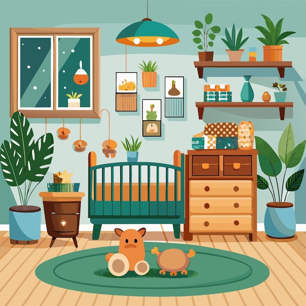 a room with a green wall and a small rug with plants and a window