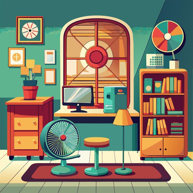 Vector a room with a green wall and a window with a fan and a fan