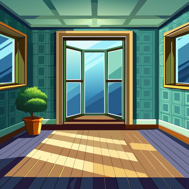 a room with a large window and a plant on the floor