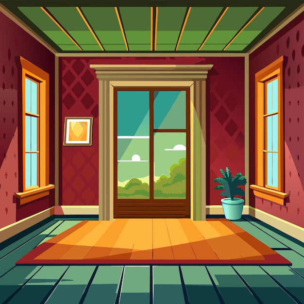 Vector a room with a painting of a room with a rug on the floor and a rug on the floor