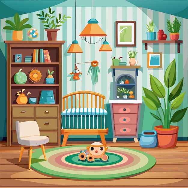 a room with a picture of a baby on the wall and a rug with a plant in the corner