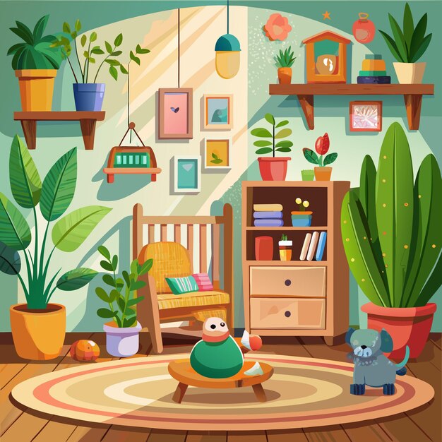 Vector a room with a picture of a monkey on the wall and a shelf with plants and a shelf with plants