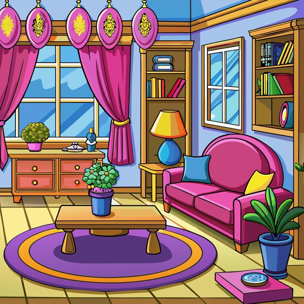 Vector a room with a purple couch and a purple couch with a purple and yellow rug