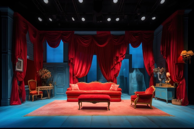 a room with a red couch and a red curtain with red drapes