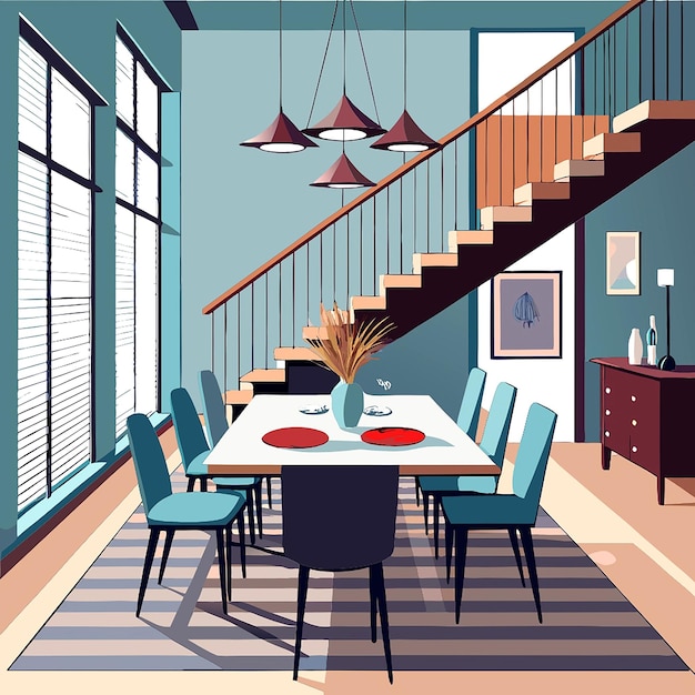 Vector a room with a table and chairs and a staircase with a rug on the floor and a rug with a vase on it