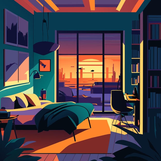 Vector a room with a view of the sunset and a bed with a bookcase and a bookcase