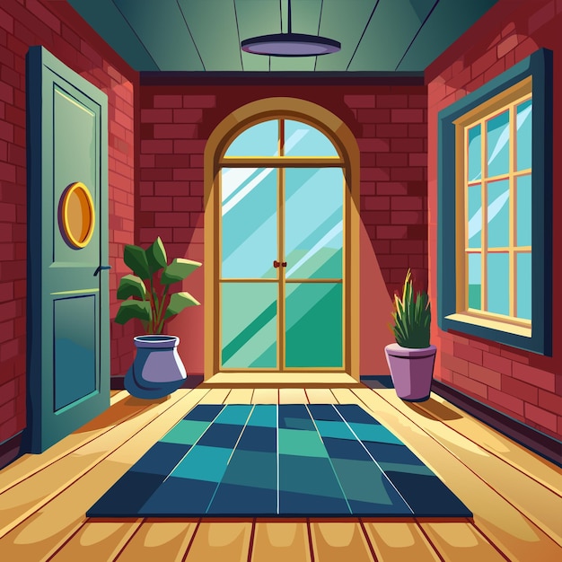 a room with a window and a plant on the floor