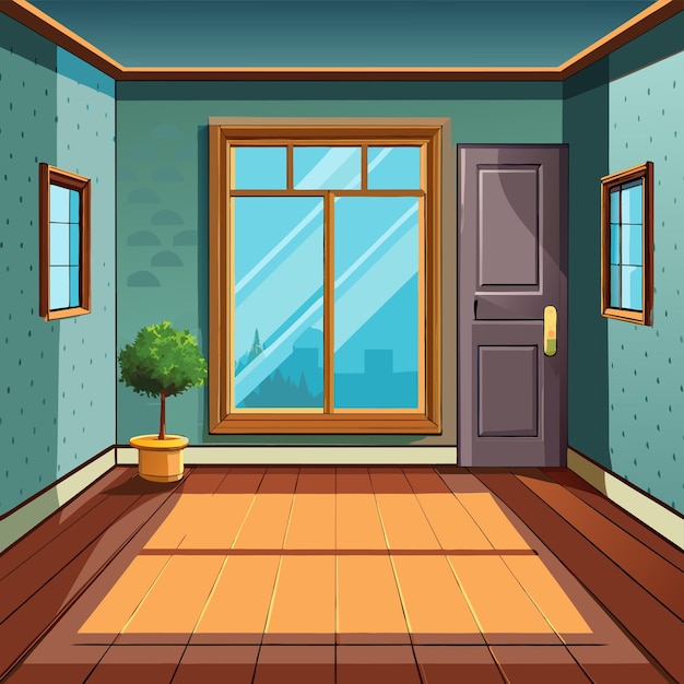 a room with a window and a plant on the floor