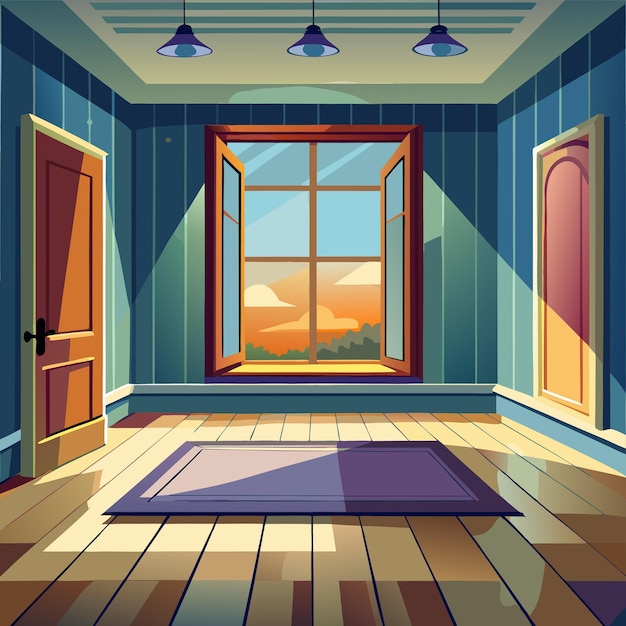 a room with a window and a window with a view of the sunset