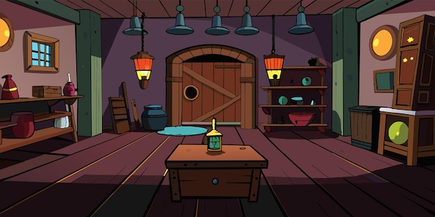 a room with a wooden door and a bottle of perfume on the table