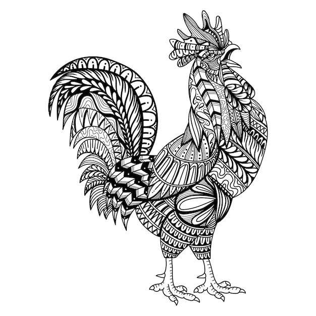 Rooster chicken mandala zentangle coloring page illustration