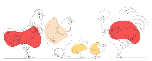 Rooster hen chicks one continuous line drawing sketch vector