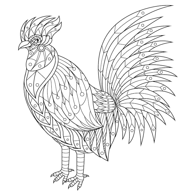 Rooster mandala zentangle illustration in lineal style coloring book