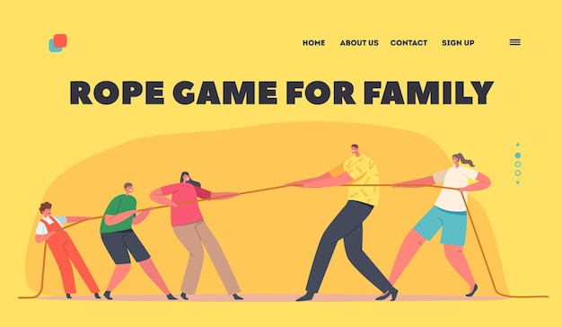 Vector rope game for family landing page template. mom, dad and children characters tear rope, tug of war competition between parents and kids. sports activity, struggle. cartoon people vector illustration